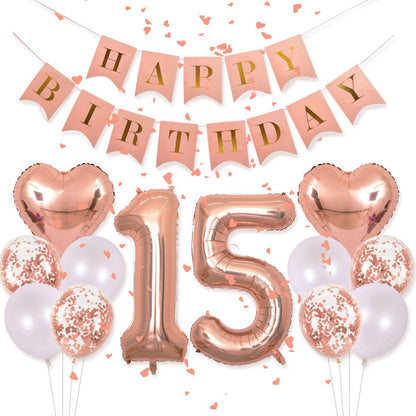 40 Inch 15 Balloons Number Birthday Decorations, 15th Birthday Supplies for Girls with Rose Gold Banner Confetti
