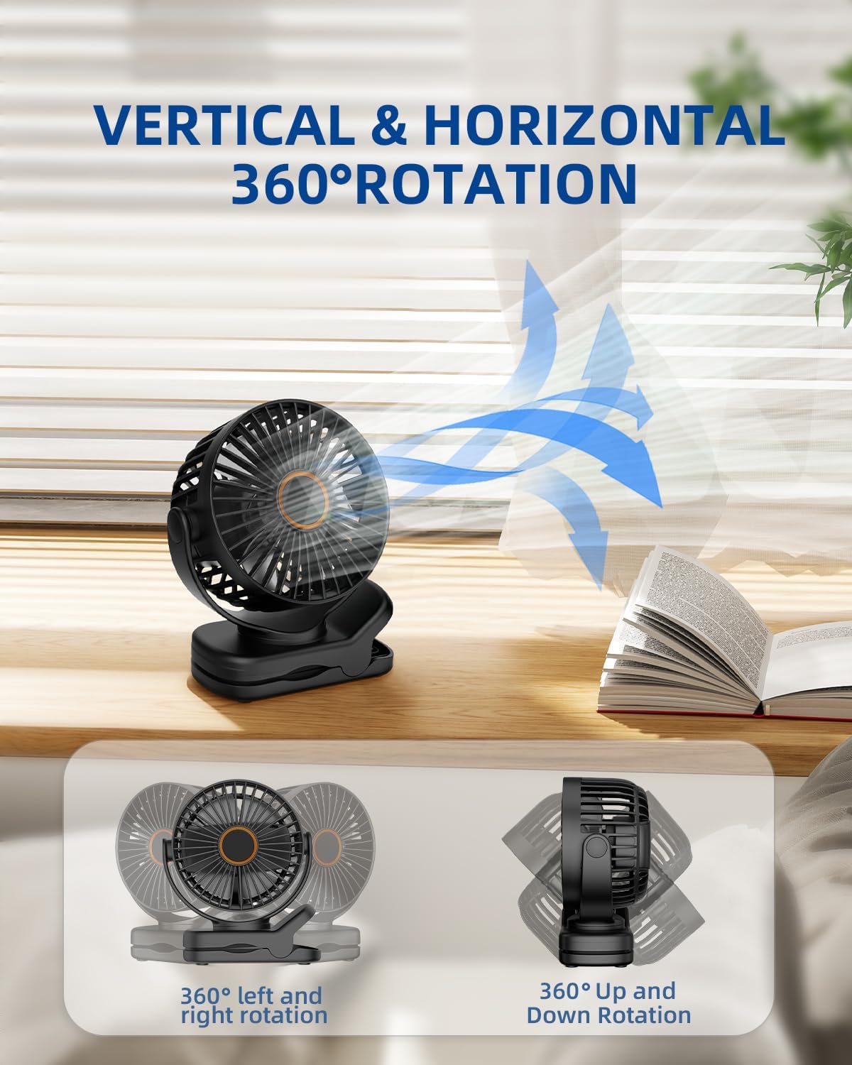 Portable Mini Clip on Fan, 3 Speed Rechargeable USB Desk Fan, Battery Operated Personal Fan, 360° Rotate Adjustable for