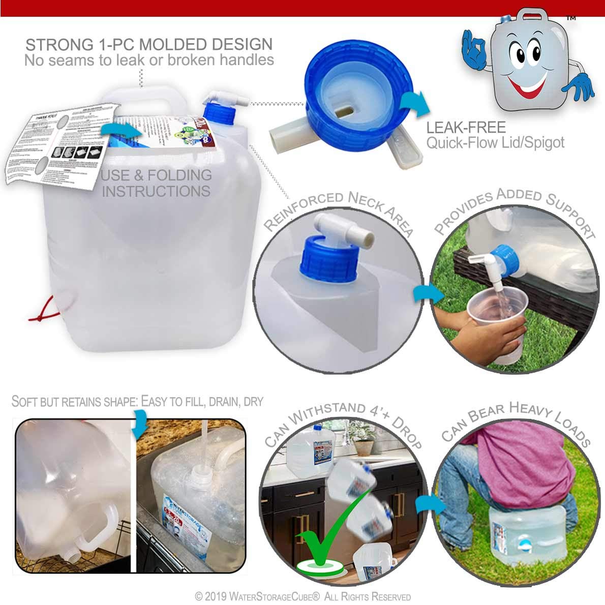 WaterStorageCube BPA-Free Collapsible Water Container with Spigot, Camping Water Storage Carrier Jug for Outdoors Hiking Backpack & Survival Kit, Foldable Portable Water Canteen (8-Pack)