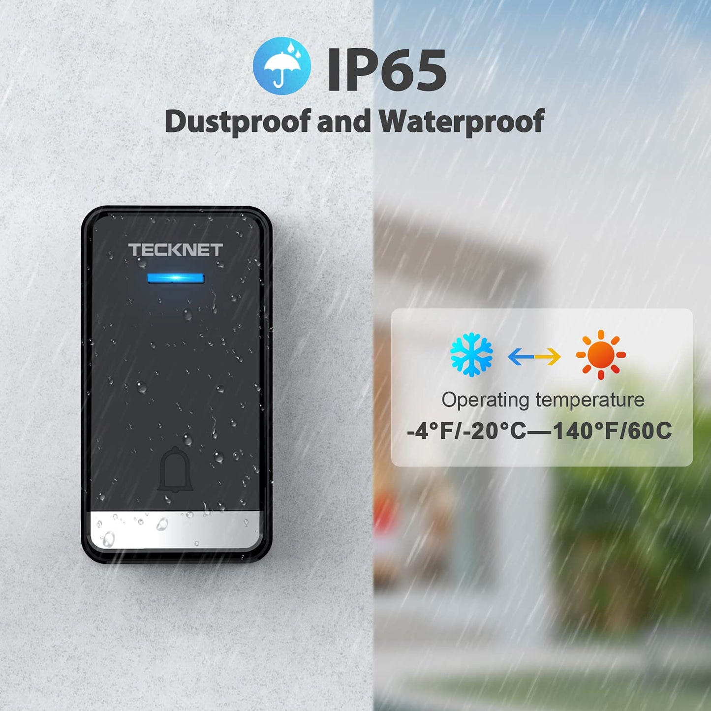 TECKNET Wireless Doorbell, Self-Powered Doorbell, 0-110db Plug-through Wireless Doorbell Ringer for Homes Classroom, IP66 Waterproof 1300ft Door Chime with Extra Socket, 60 Chimes, LED Light (White)