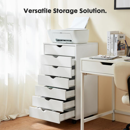 OLIXIS 7 Drawer Mobile File Cabinet Under Desk Storage Organization with Wheels Vertical Filing Chest Rolling Wood Small Desk Printer Stand for Home Office, 15.75"D x 18.74"W x 34.25"H, White