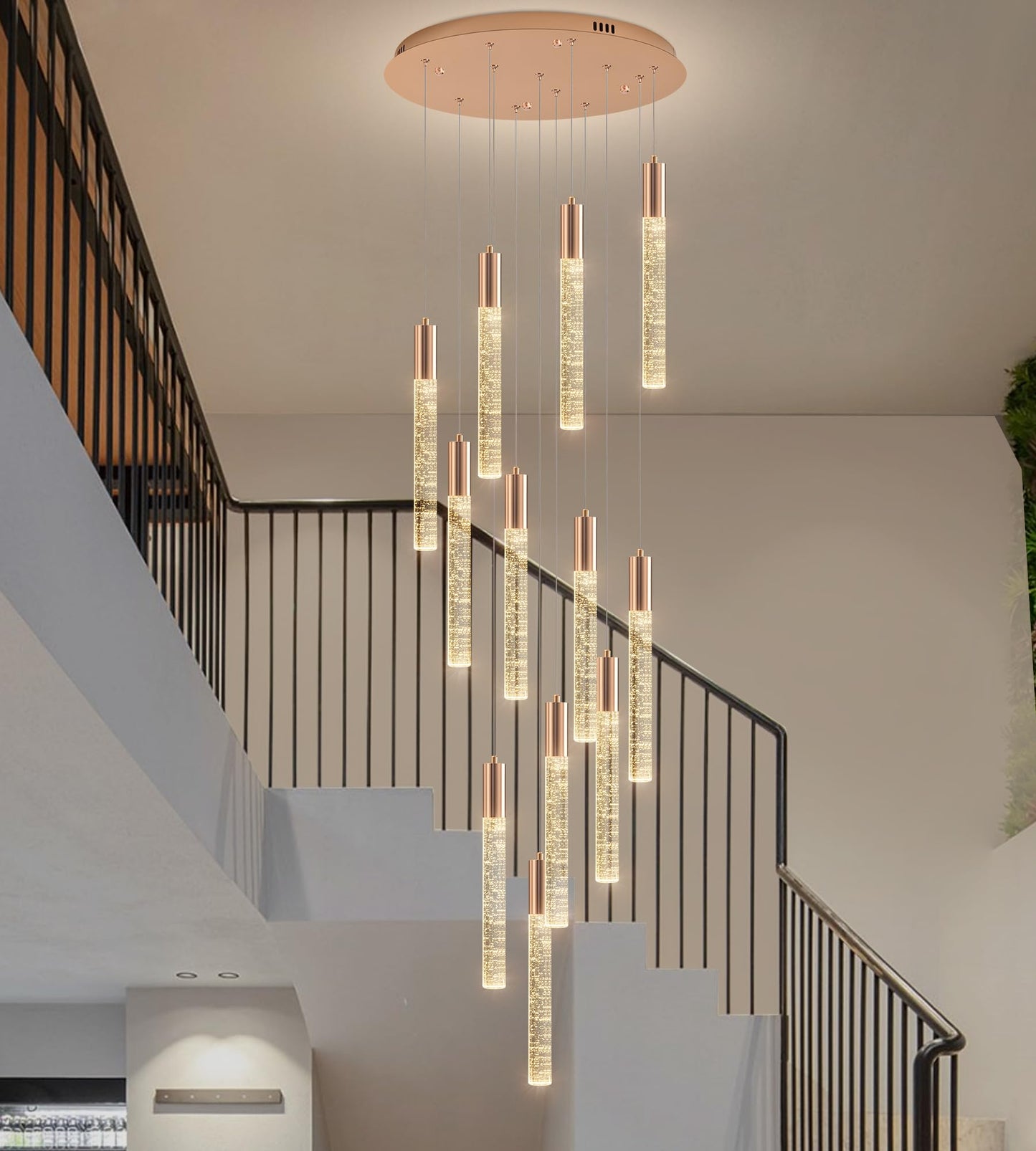 Upfelw Modern High Ceiling Crystal Chandelier 12-Lights, Large Spiral LED Raindrop Foyer Pendant Lighting, Bubble Staircase Living Room Hanging Light Fixture Flush Mount Gold