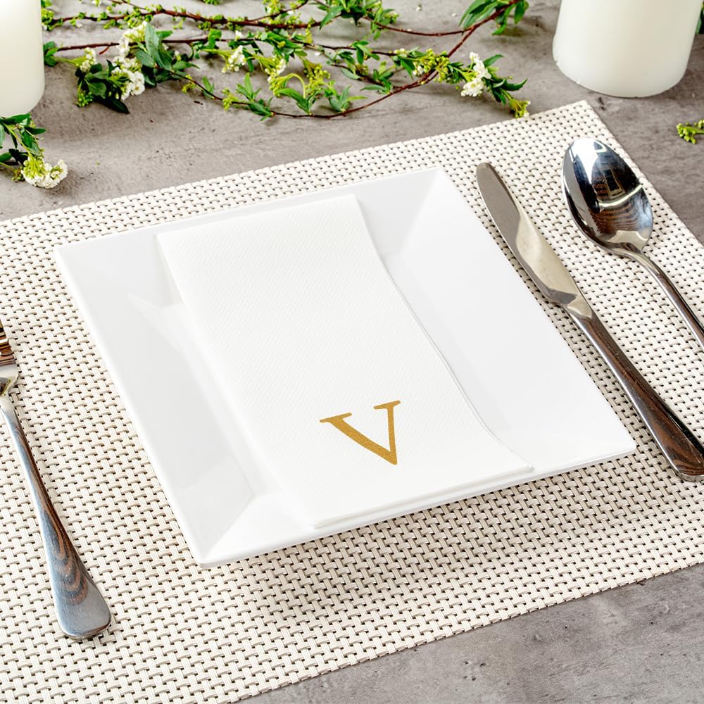 15.8 7.9 Inch 50 Luxenap X Linen-Feel Guest Towels, Lettered Hand Towels - Gold Letter 'V', Sans Serif Font, White