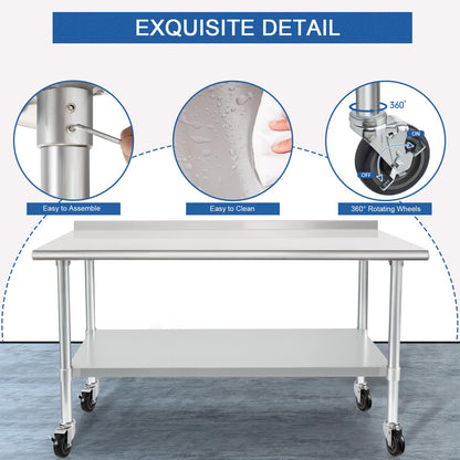HARDURA Stainless Steel Table 24 x 60 Inches with Wheels Casters NSF Heavy Duty Commercial Prep Table with 2” Backsplash and Adjustable Undershelf for Restaurant Kitchen Home and Hotel