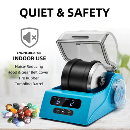 Tryes Rock Tumbler Kit Adults - Rock Polisher Tumbler with Noise Reduction Cover, Speed&Timer Control, Includes 4 Polishing Grits, Rough Gemstones, Learning Guide etc.(Blue)