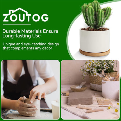 ZOUTOG White Mini Succulent Planter, 3.15 inch Ceramic Pot with Bamboo Tray, Pack of 4