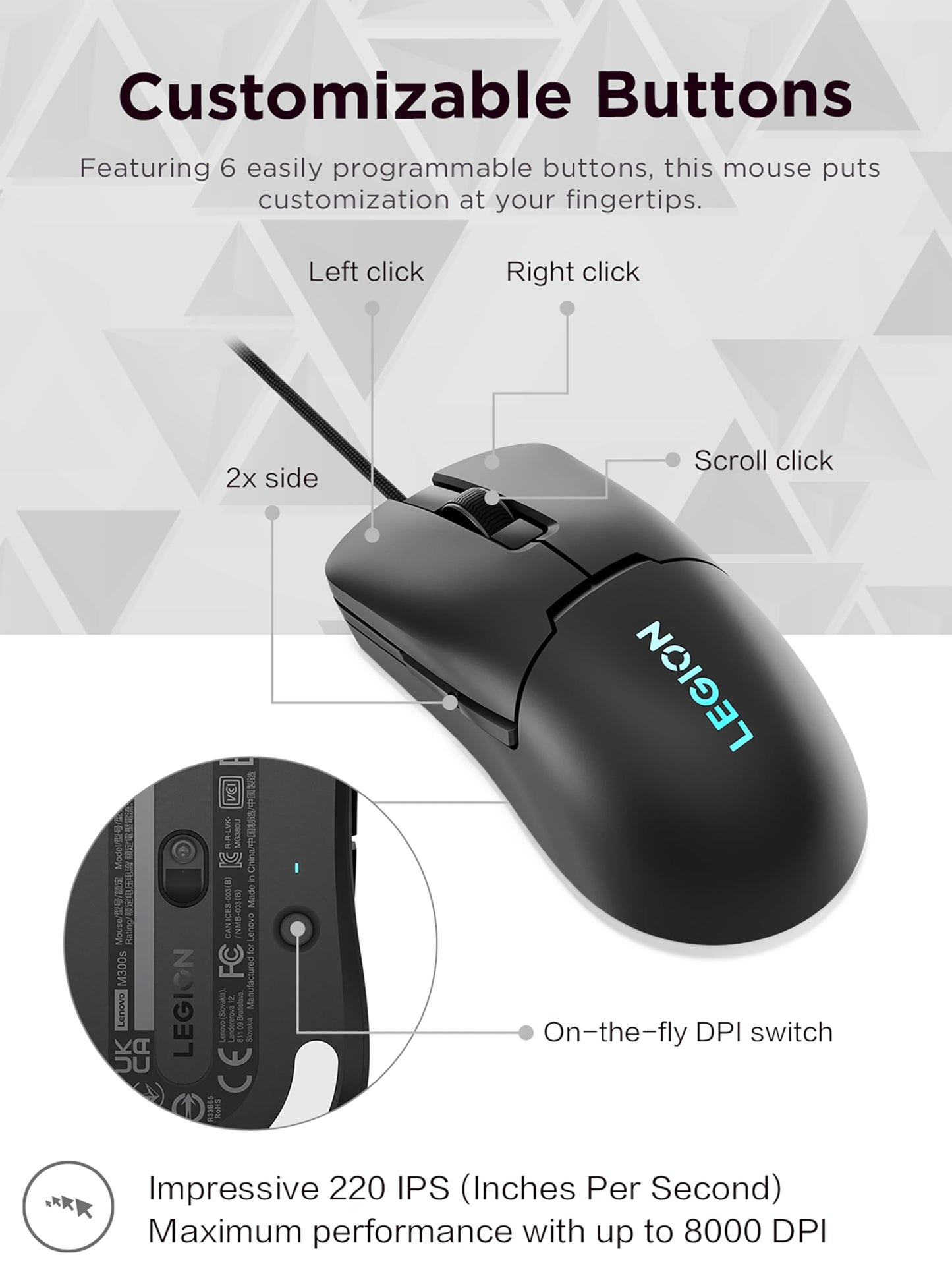 Lenovo Legion M410 Wireless RGB Gaming Mouse – 6 Button Palm Grip Mouse with 16,000 DPI, 53 Hour Rechargeable Battery, 2-Zone RGB Lighting, NVIDIA Reflex Compatible