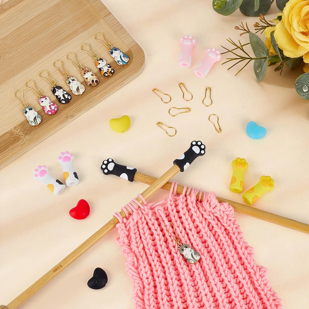MAYJOYDIY 10 Sets Knitting Needles Stoppers Knitting Needle Point Protectors Cat Paw Stitch Stopper with Alloy Locking Stitch Markers for Beginners Crochet Sewing Accessories DIY Supplies