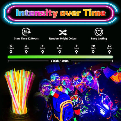 HONLYNE 200 Pcs Glow Sticks Bulk Party Pack, 8'' Glow in the Dark Party Supplies, Glow in the Dark Light Up Sticks with Connectors, Party Favors for Birthday, Concert, Raves, Halloween, Christmas