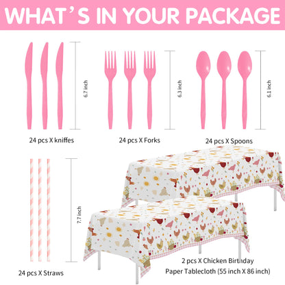 Suhelkit Chicken Party Decorations Tableware for Birthday Baby Shower, Farm Animal Barnyard Little Chick Birthday Party Supplies, Plate, Cup, Napkin, Straws, Disposable Cutlery, Tablecloth, 24 Guests