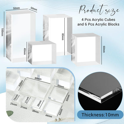 Marsui 10 Pcs Acrylic Cubes for Display Product Photography Props Transparent Acrylic Block Set for Boutique Jewelry Cosmetic Crafts Closet Show(Square, 10 Sizes)