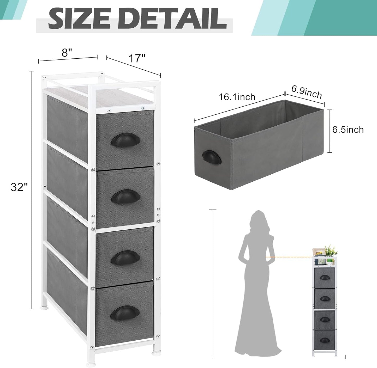 MOOACE Narrow Dresser with 4 Drawers, Vertical Storage Tower, Small Fabric Dresser, Steel Frame & Wooden Top for