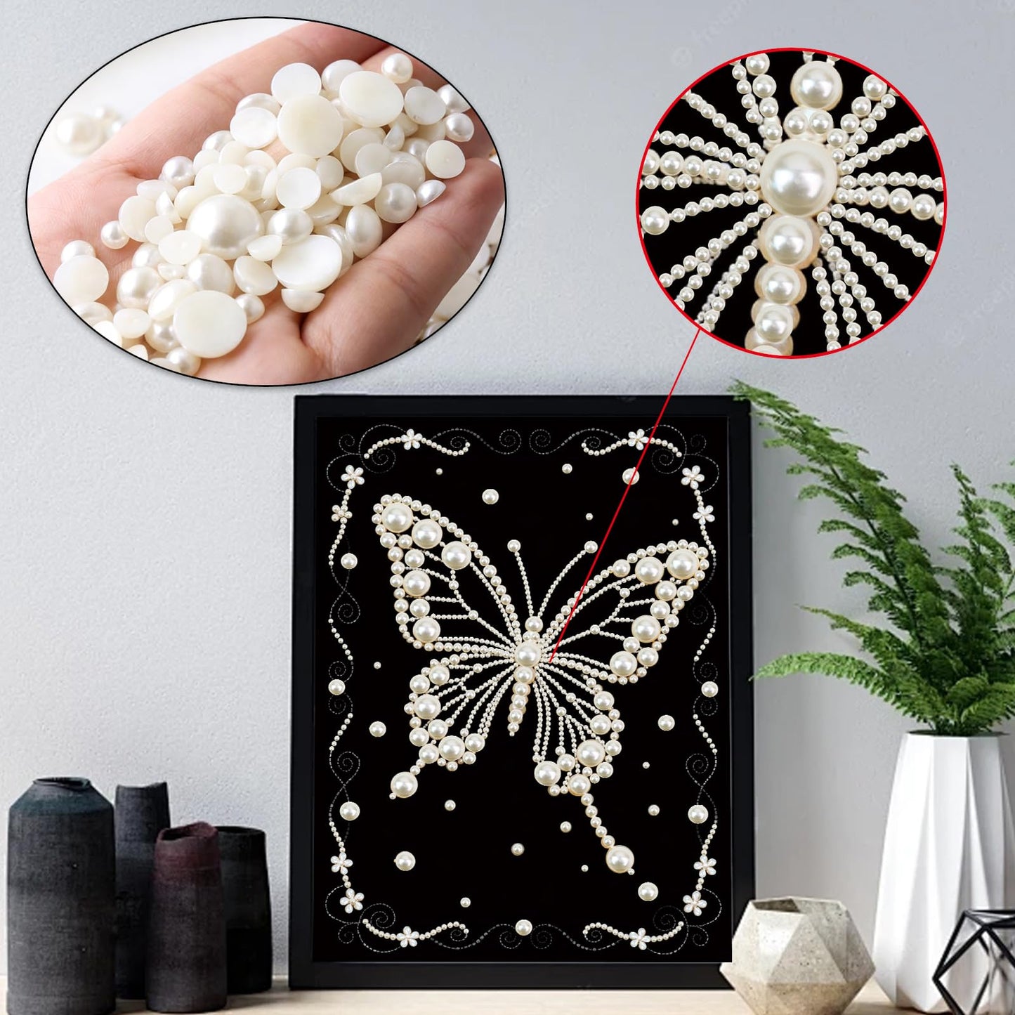 MVVMTOP Pearl Diamond Painting Kits for Adults Beginners, 5D DIY Butterfly Diamond Art with Half Round Pearl Drills and Crystal Rhinestones, Sparkling Diamond Dots Craft for Home Wall Decor