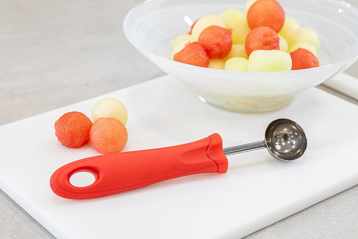 KitchenCraft Melon Baller Fruit Scoop, 17cm (6.7"), Soft Grip Easy to Clean Stainless Steel Head, Red