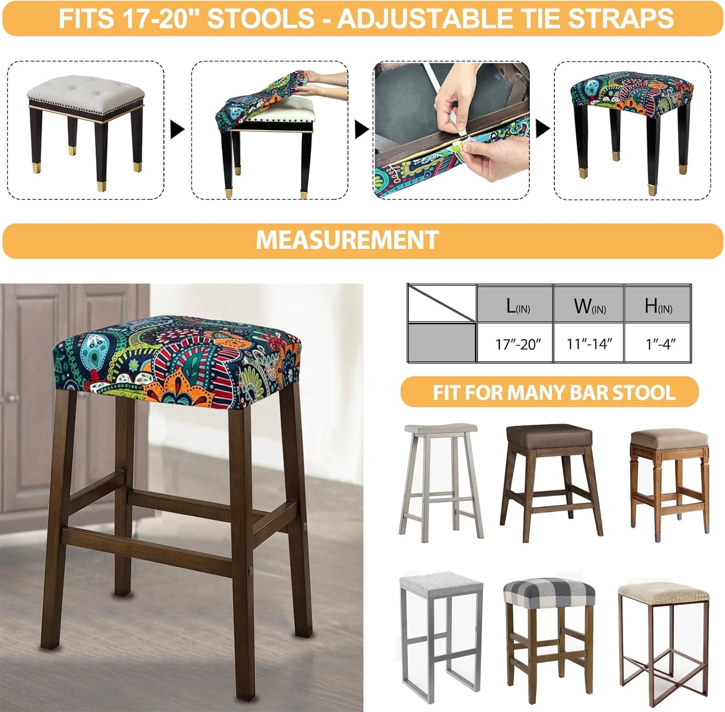 Counter C,4 Pack NeColorLife Stool Covers Rectangle Printed,Stretch Waterproof Saddle Seat Covers for Height