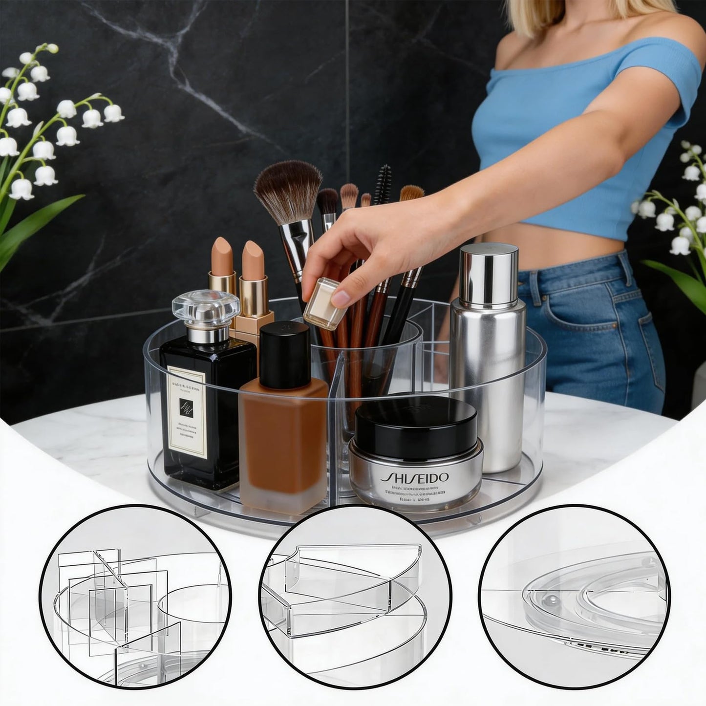 NaiSooten 360° Rotating Acrylic Makeup Organizer, Clear Makeup Brush Holder & Pen Holder, Multi-Compartment Rotating Organizer for Cosmetics, Office Supplies, Vanity & Desk