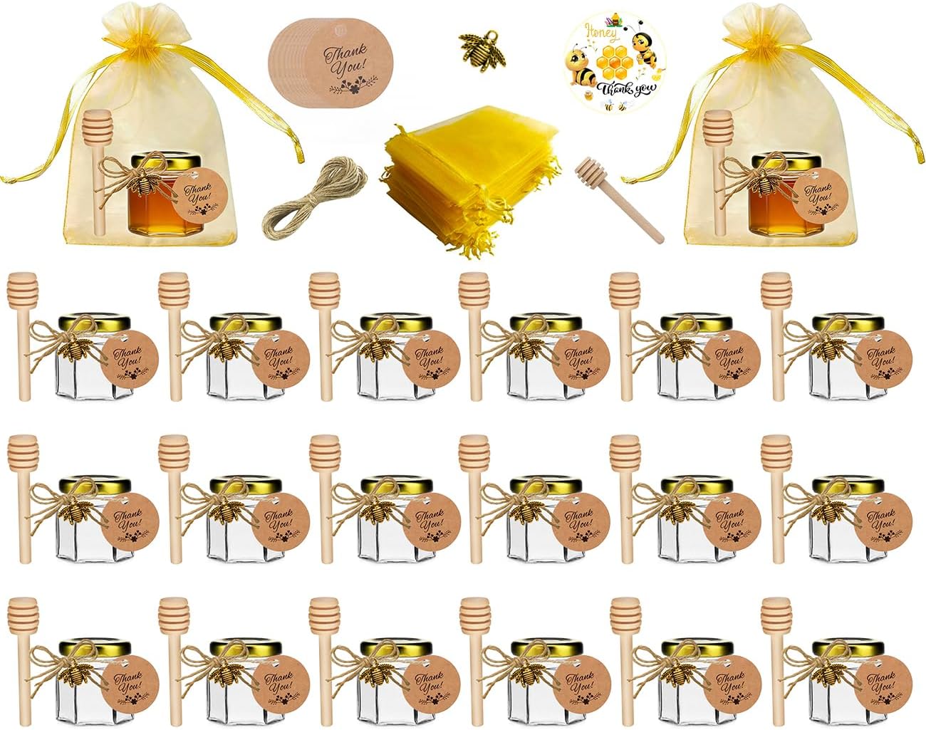 20 Pack 1.5 oz IIKUM Glass Honey Jars, Hexagon Honey Pots with Lids, Wooden Dippers, Bee Pendants, Gift Bags, Thank You