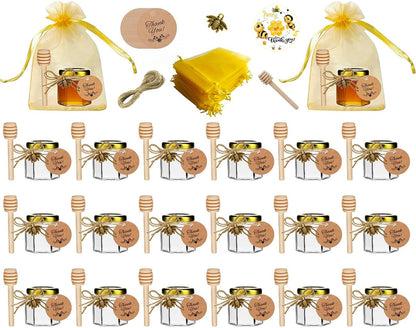 20 Pack 1.5 oz IIKUM Glass Honey Jars, Hexagon Honey Pots with Lids, Wooden Dippers, Bee Pendants, Gift Bags, Thank You