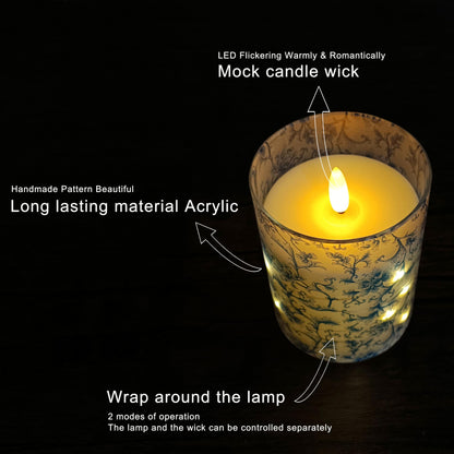 NjaoHoo Floral Flickering Flameless Candles, Recessed String Light LED Candles 3D Wick Acrylic Battery Operated LED Pillar Candles with Remote and Timer for Spring Decor Set of 3(Cute Floral)