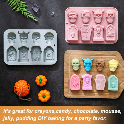 Halloween Chocolate Mold Silicone, 2pcs Skull and Tombstone Cavity Candy Gummy Mold for Baking Desserts