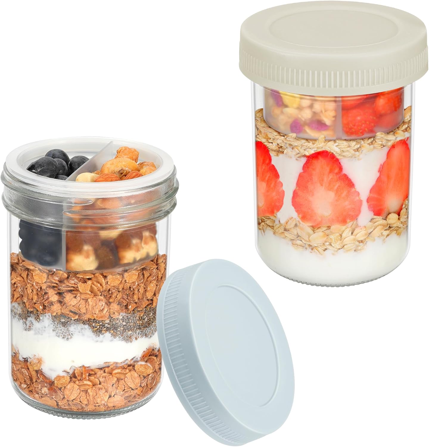 16 oz 2-Pack Xyptorix Overnight Oats Containers with Airtight Lids - Leak-Proof Wide Mouth Mason Jars & Divided Cups
