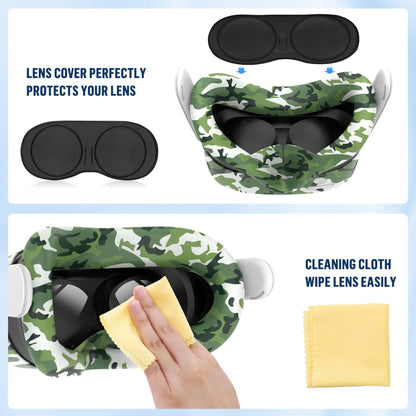 Silicone Cover Set Compatible with Meta Quest 3S Accessories, VR Protector Face Cover, Controller Grips, Front Shell Headset and Lens Protective for Oculus/Meta Quest 3s Accessories(Camouflage Green)