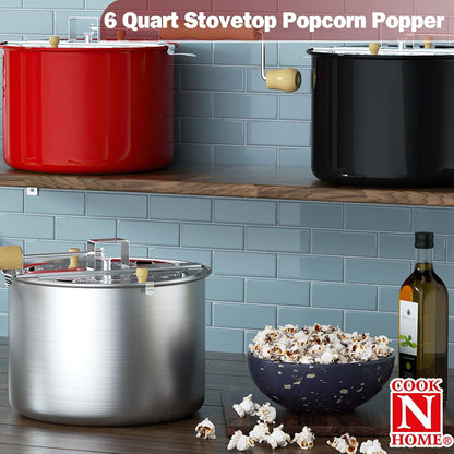 Cook N Home 6-Quart Aluminum Stovetop Popcorn Popper with Crank, Red Popcorn Pot