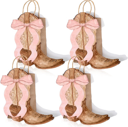 Sinload Western Gift Bags - Cowgirl Cowboy Boots Design with Pink Bow Handles | Perfect for Birthday Party Favors (Brown Style)