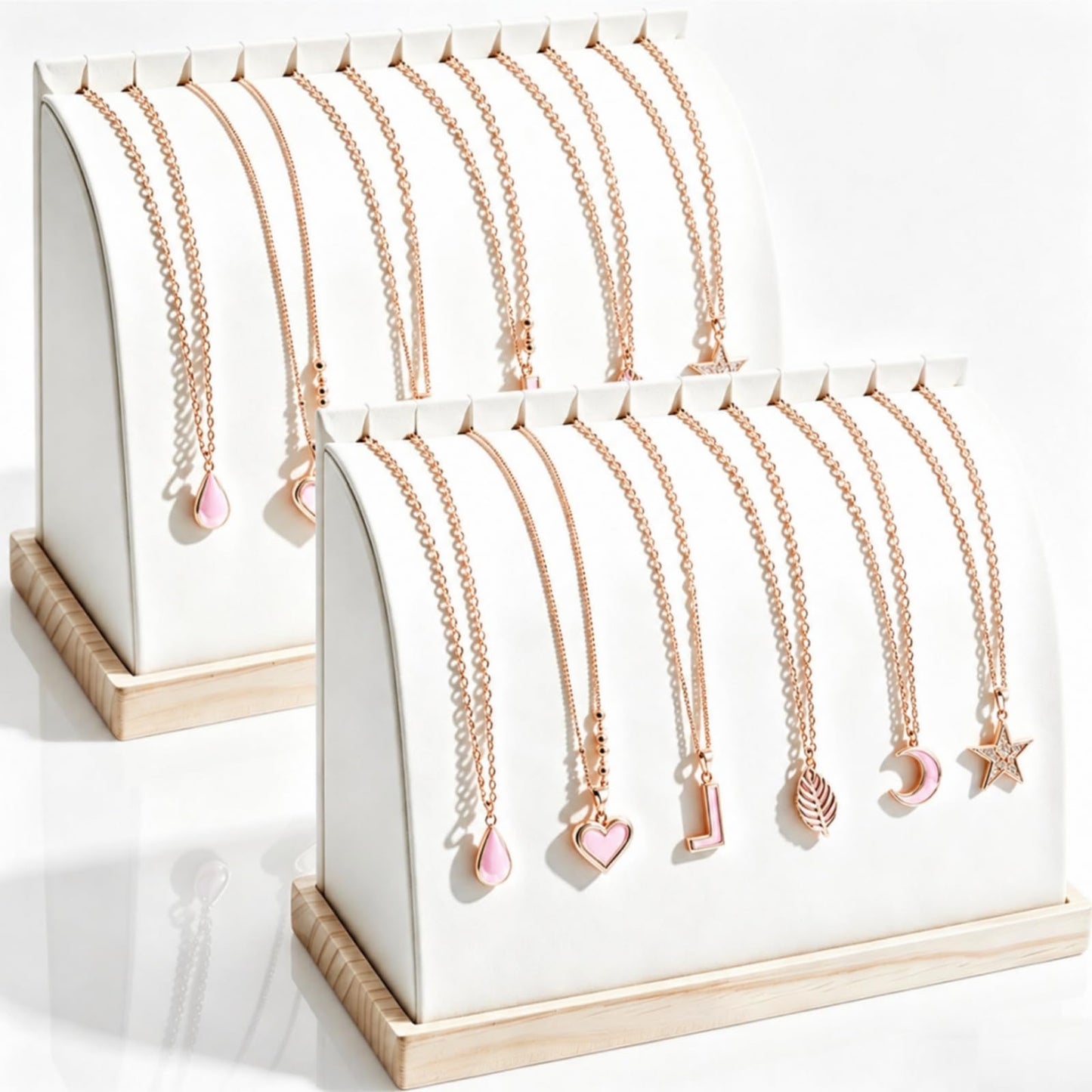Acshio 2 Pack Cambered Necklace Display Stand, Soft Leather Necklace Bracelet Organizer Rack for Selling, White Tabletop Jewelry Display Storage Holder for Necklaces, Pendant, Mother's Day