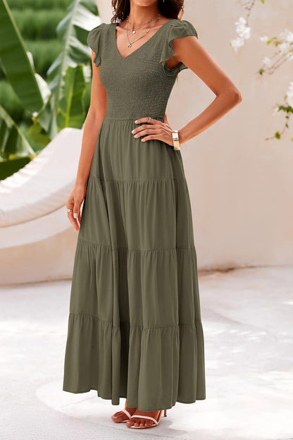 PRETTYGARDEN Women's Summer Flowy Maxi Dress Casual Cap Sleeve V Neck Smocked Beach Sundress