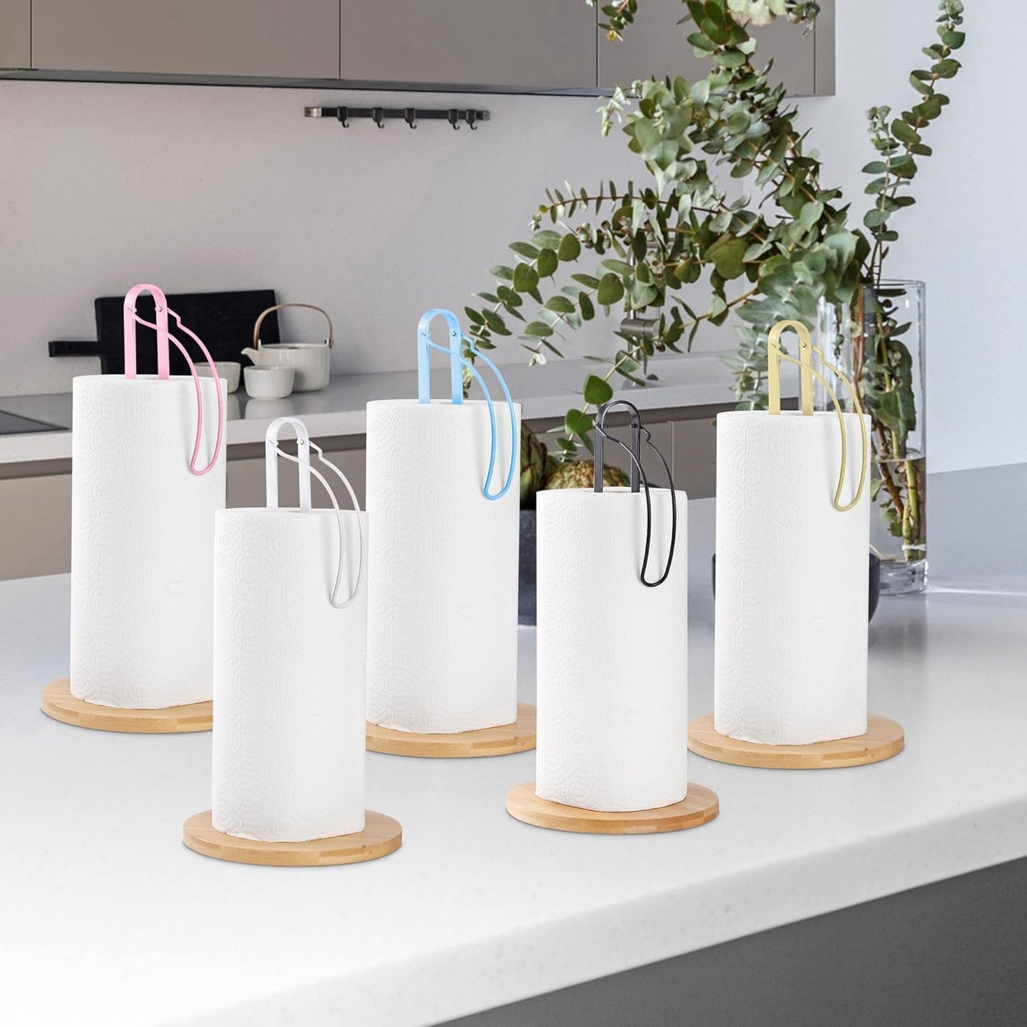 Wood Paper Towel Holder with Fixer, Free-Standing Kitchen Towel Holder with Non-Slip Wooden Base - White