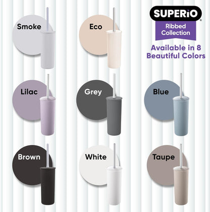 Set, (1 Pack) Superio Ribbed Collection - Decorative Plastic Toilet Bowl Brush and Holder White Smoke Cleaner Scrubber