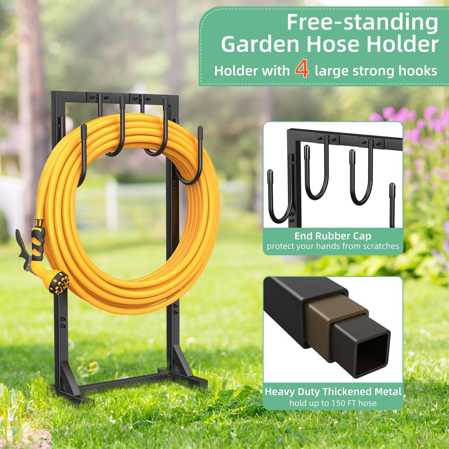 Yumatum Garden Hose Holder Reel, Upgraded Metal Hose Reels Holds 150ft Hose with 4 Large hooks, Heavy Duty Freestanding Water Hose Holders, Detachable Hose Storage Hanger for Outside