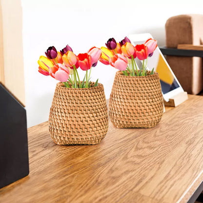 Hacaroa Set of 2 Rattan Pencil Holder for Desk, Handmade Wicker Pen Cup Cute Boho Desk Organizer, Woven Makeup Brush Holder Utensil Container for Home, Office Table Decor