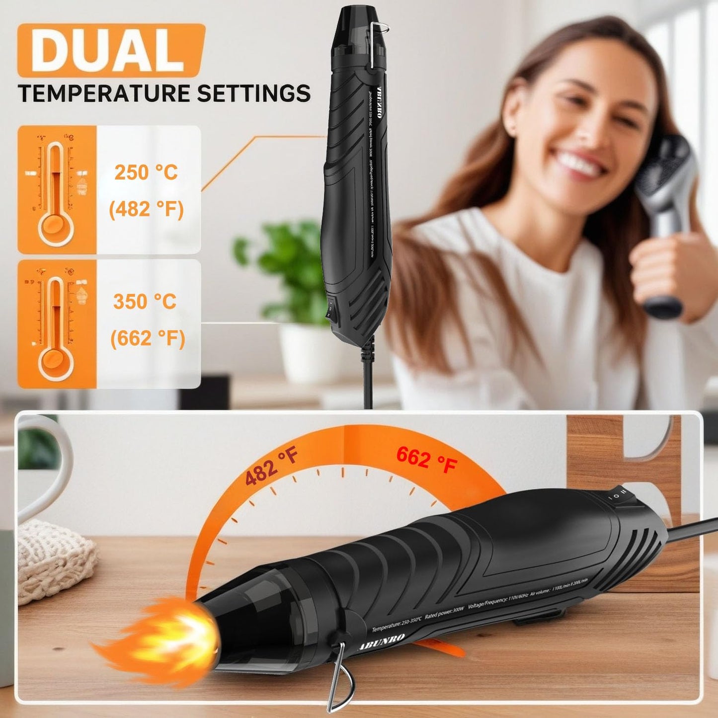 Heat Gun, Uptdae Version 110V 300W Mini Handheld Hot Air Gun with 6.6ft Cable, Portable Heat Gun For Crafting, Embossing, Shrink Wrapping PVC, Drying Paint, Clay, Rubber Stamp