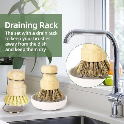 DEBETOOL Bamboo Dish Brush Set with Holder - Natural Dish Scrub Brush for Cleaning Dishes, Fast Dry Design Kitchen Dish Brush for Sinks & Pots