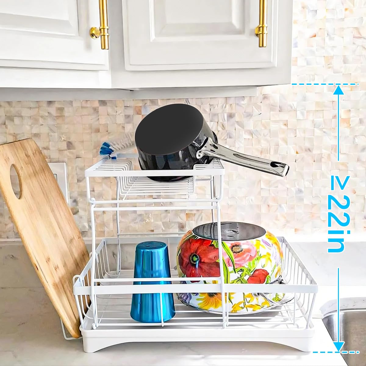 7 code Large Dish Drying Rack for Kitchen Counter, Detachable Large Capacity Dish Drainer Organizer, 2-Tier Dish Racks with Utensil Holder, Black