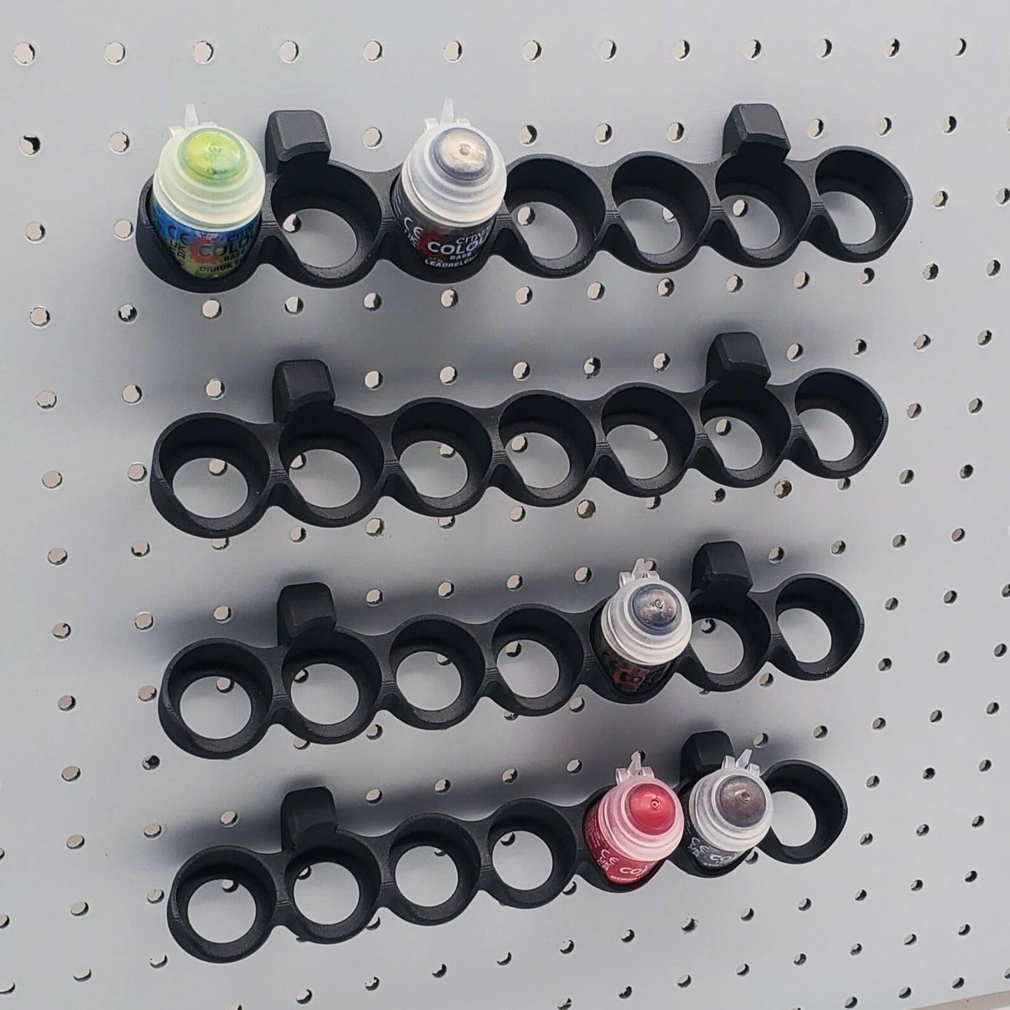'Just Hanging' 1/4" Pegboard Paint Holder Hook, Compatible with Citadel Paints up to 32.5mm Diameter Pots, Storage for D&D Miniature Crafters (4, Matte Black)