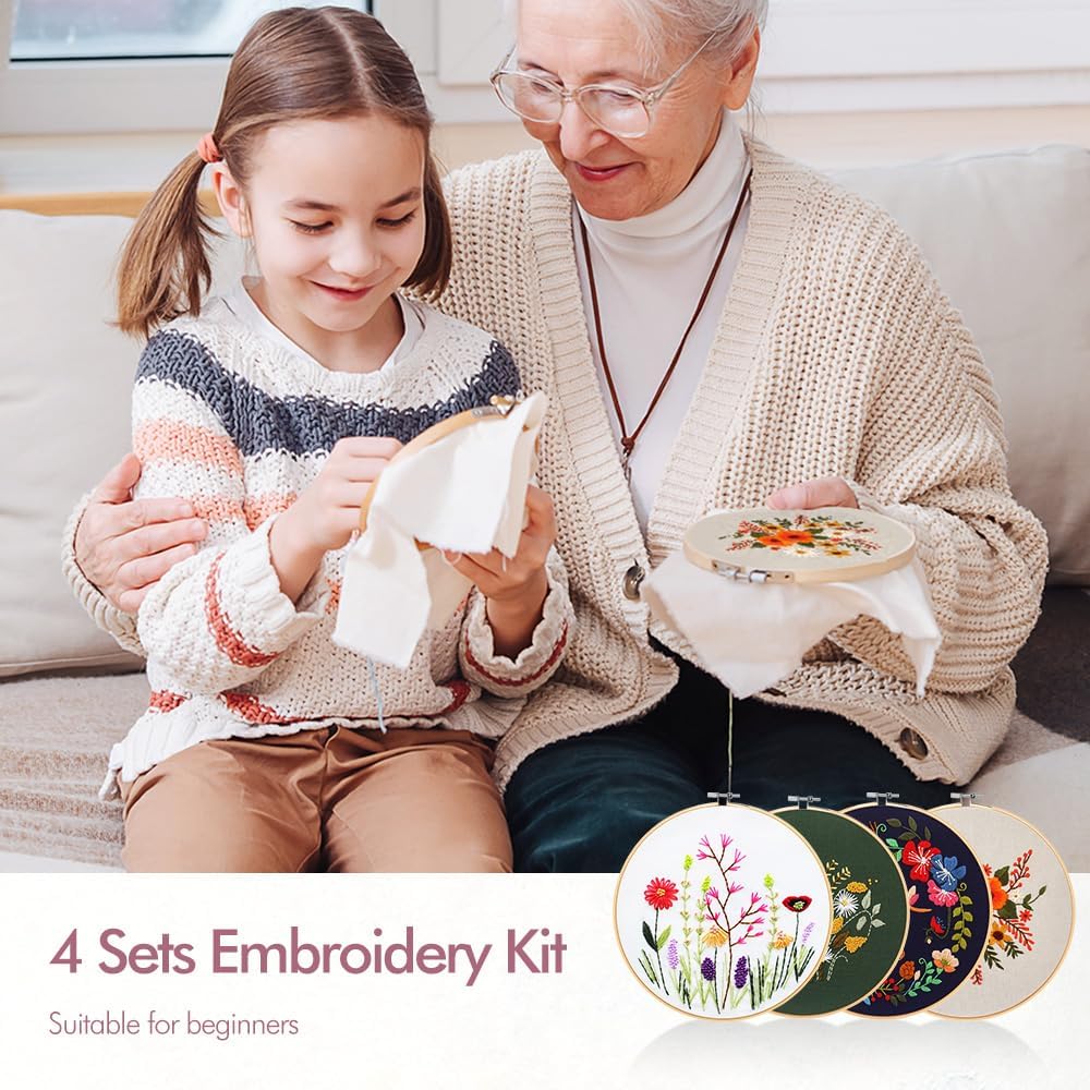 4 Pack Embroidery kit for Beginners Adults DIY Starter Kit, Cross Stitch Kits with Flower Stamped Patterns, Embroidery Hoop, Tools,Colorful Threads,Step by Step Instructions,Hand Craft Lover Gift