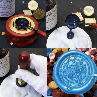 Wax Seal Stamp Kit, 6 Pcs Wax Seal Stamp Head 1 Wooden Wax Seal Kit, Sealing Wax Stamp Seal Set Include Bee, Butterfly,Cat, Dragonfly, Wolf, Bird Sealing Wax Stamps for Wedding Invitation (6A)