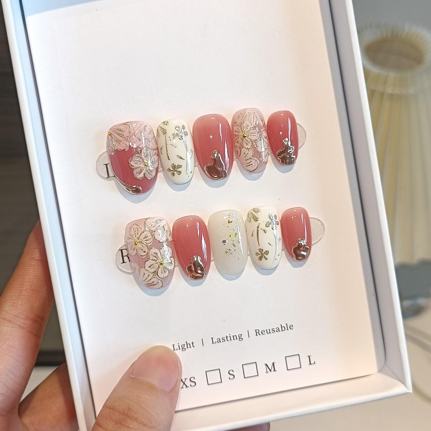 TENPAL Short Oval Press on Nails,Peach Yogurt Base Glue on Nails,Hand-Painted Cloisonné Florals False Nails Press ons,Artisan Chinese Style Fake Nails Kit,Enamel Wire Inlay Nail Art Tools 10pcs(L)