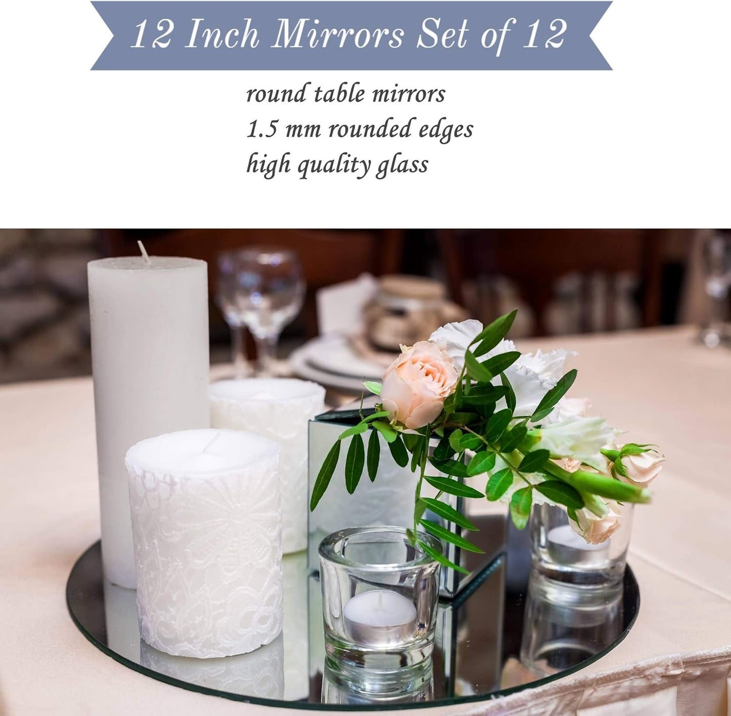 PARNOO 12 Inch Round Mirror Plate, Set of 12, 1.5mm Thick Glass Tiles with Smooth Edges for Candle Wedding Centerpieces