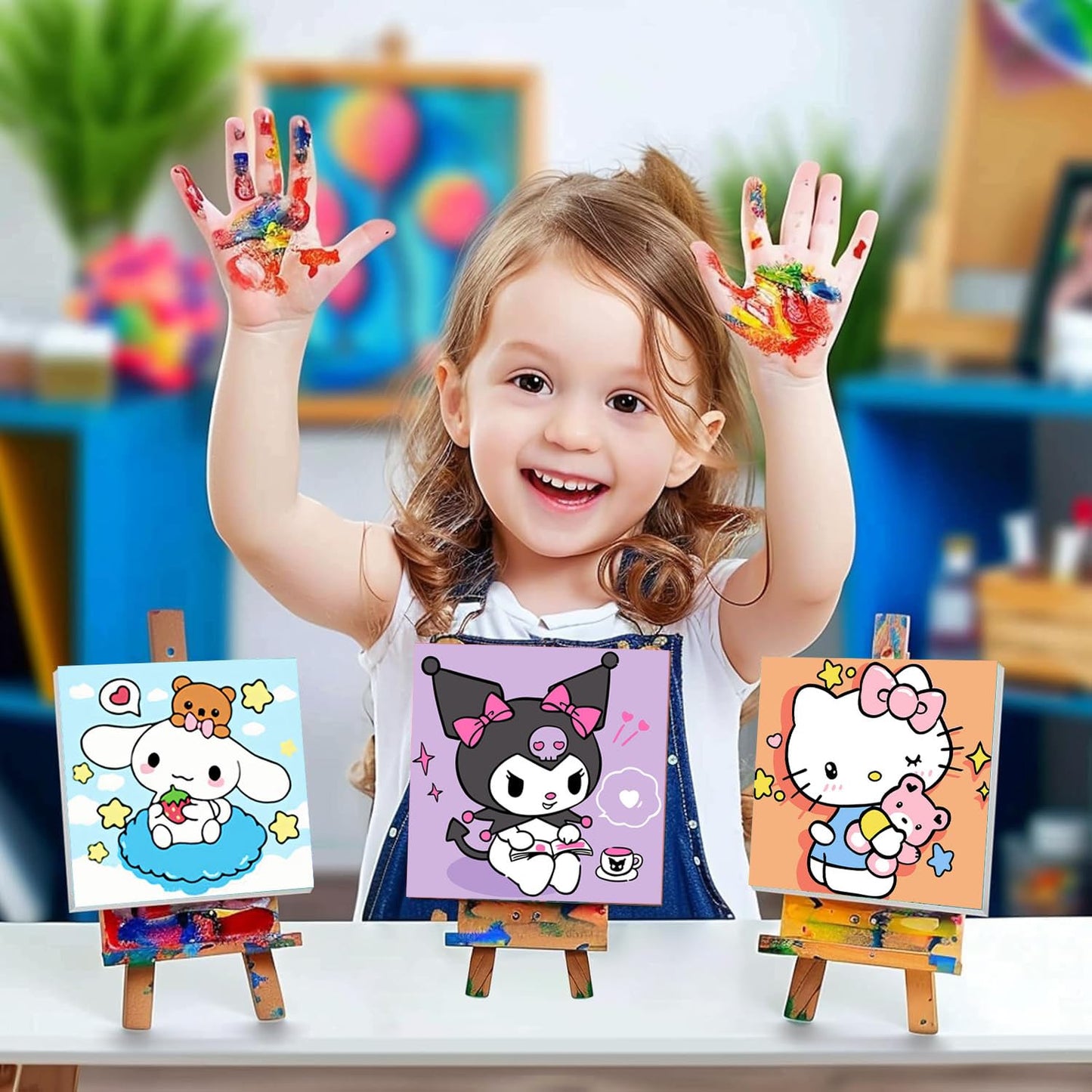Sretoul 4 Pack Cartoon Paint by Numbers Kit for Kids with Frame - Wooden Easel, Cute Kids Paint by Numbers Ages 4 8 12, DIY Acrylic Oil Painting for Home Wall Decor (8x8 inch)
