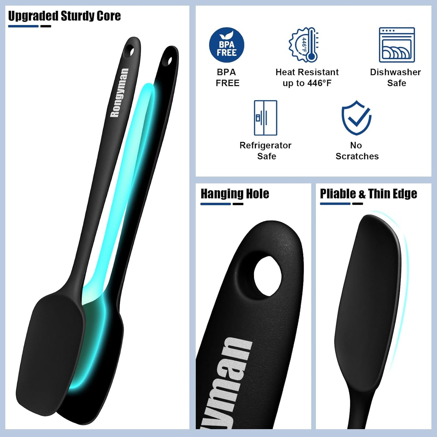 Silicone Spatula Set of 5, Heat Resistant Kitchen Spatulas for Baking, Cooking, Mixing, BPA Free, Black