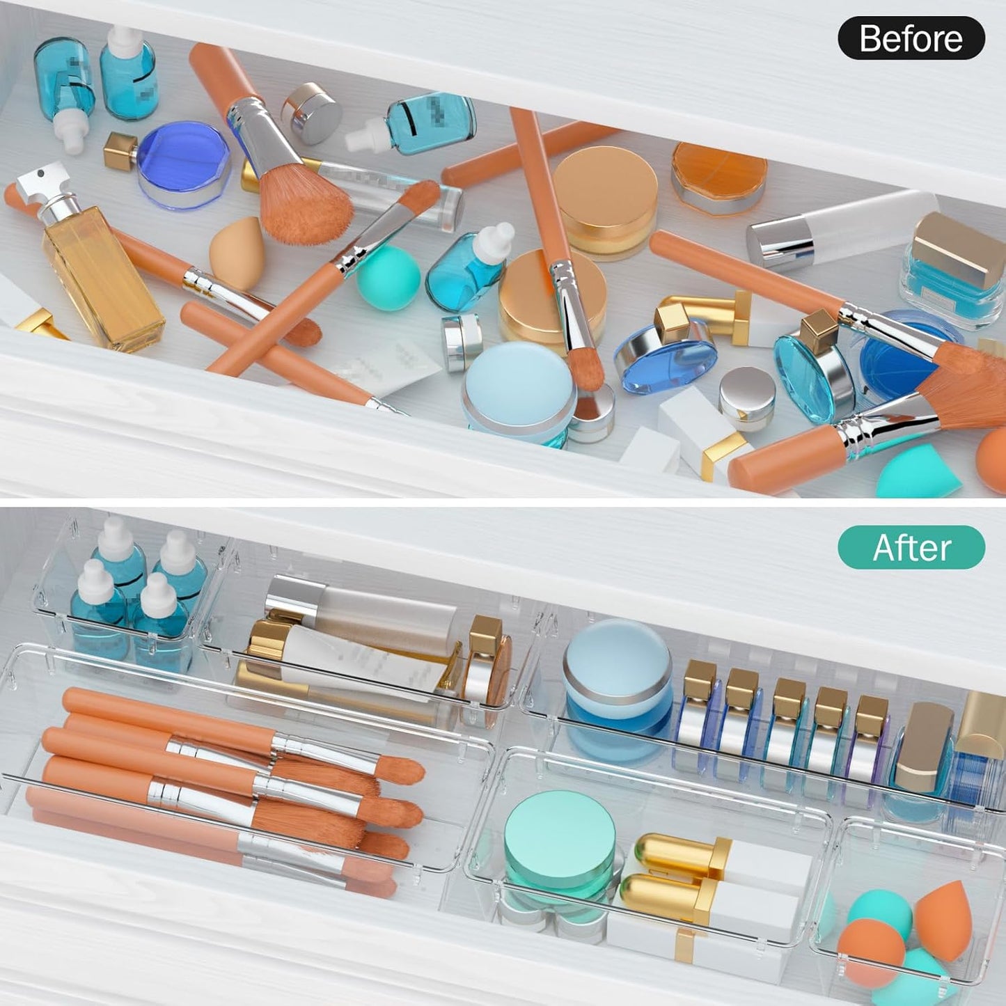 WOWBOX Clear Drawer Organizer Set - 6 Acrylic Storage Trays for Makeup, Jewelry, Office Supplies