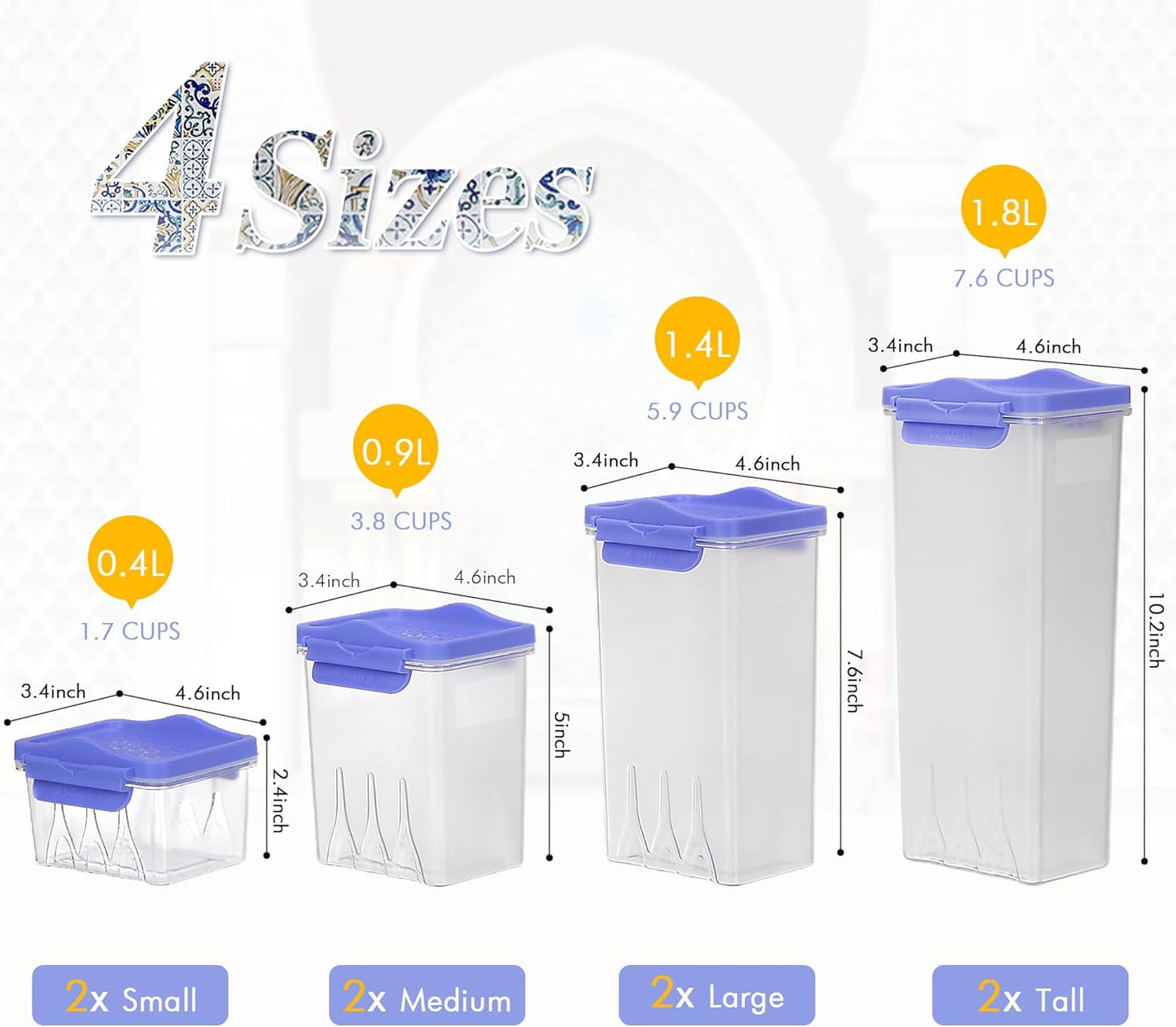 HOMER 8-Piece Moroccan Style Airtight Food Storage Containers, Versatile Kitchen Organizers with Easy Lock Lids
