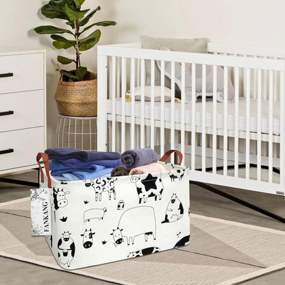 FANKANG Storage Basket,Nursery Hamper Canvas Laundry Basket Foldable with Waterproof PE Coating Storage, Office, Bedroom, Clothes,Toys(L, Rec-cows)
