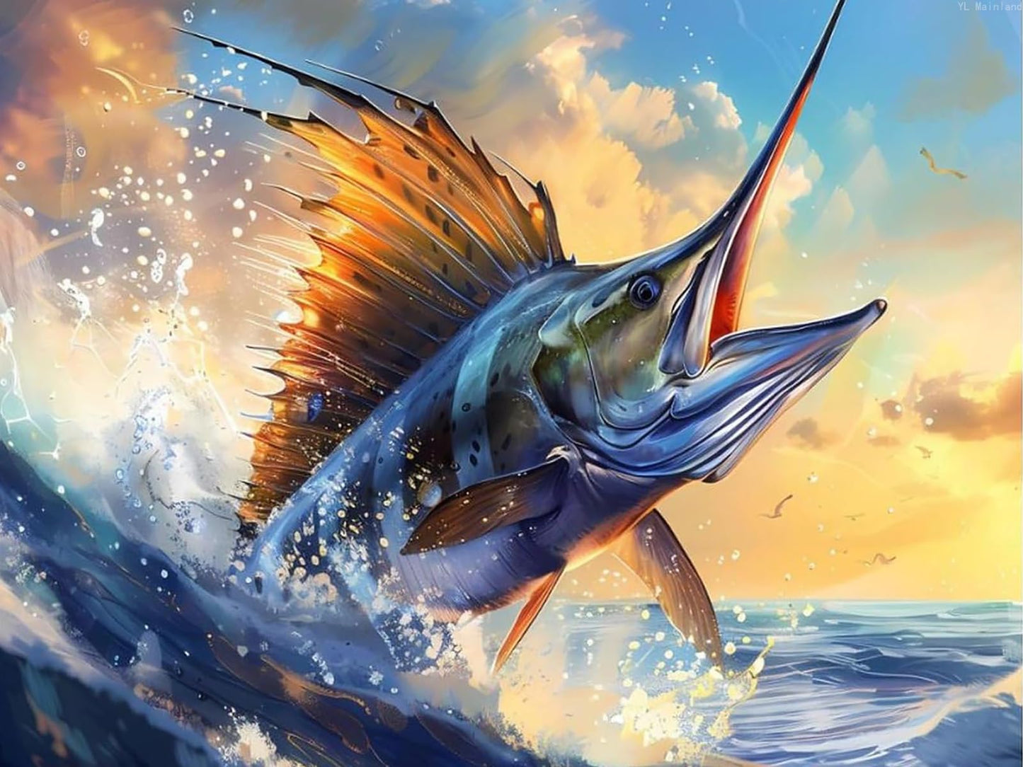 Blue Ocean Marlin Fish Diamond Art Painting Kits for Adults DIY Round Drill Diamond Art Crafts for Home Decor 12x16 inch