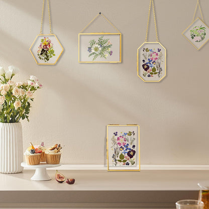 FOCHIER F 5 Pcs Pressed Flower Frames with Tweezers, Wall Hanging Tabletop Display Double Glass Frames with Metal Chain for Pressed Dried Flowers Plants, Horizontal and Vertical Picture Frame, Golden