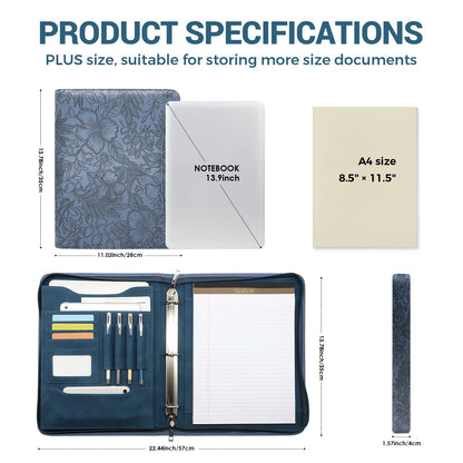FORTAVEM Embossed Faux Leather Zippered Padfolio with 3 Ring Binder, Executive Portfolio Organizer Binder for Women, Fits 13.9" Laptop/Tablet, Refillable Writing Pad Pocket, Blue